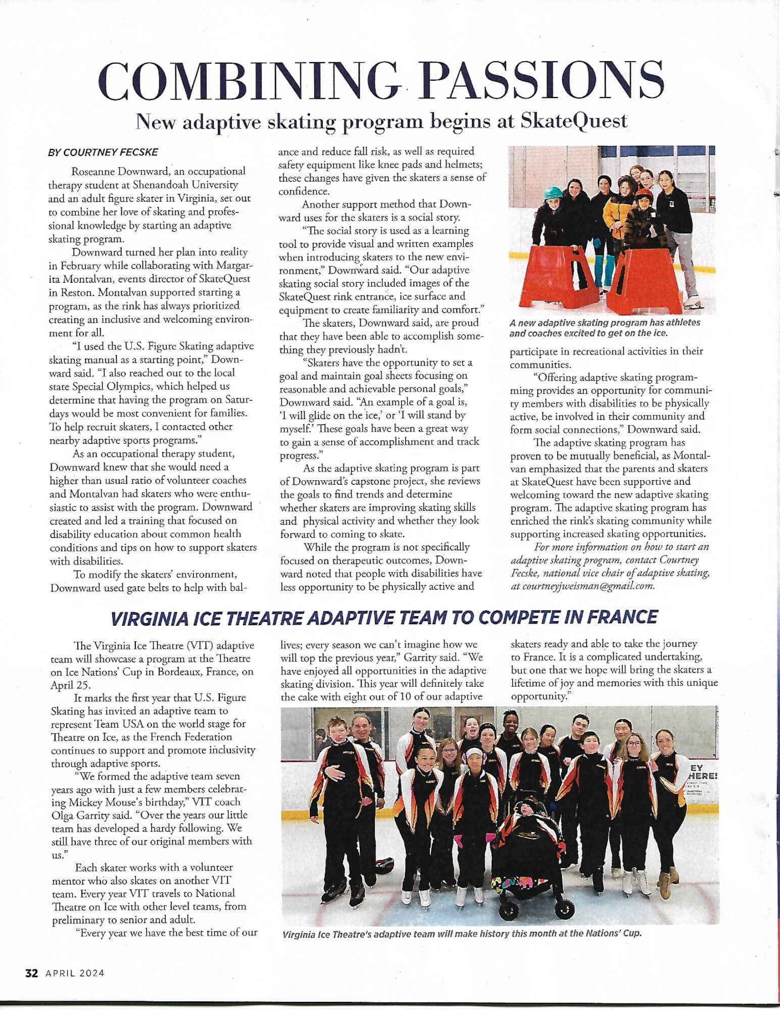 Article about Roseanne Downward's work with adaptive skating published in Skating magazine in 2024. Downward is a Doctor of Occupational Therapy student at Shenandoah University. 
