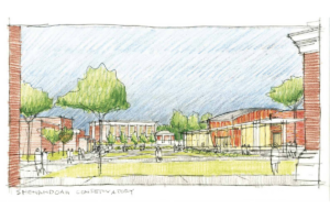 Hand-drawn sketch of proposed performing and visual arts center at Shenandoah University.