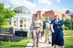 Commander of the U.S. Army Corps of Engineers Transatlantic Middle East District Col. Philip Secrist III and others take a tour of Shenandoah University's main campus.