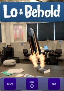 A screenshot of the user interface of the "Lo and Behold" augmented reality companion app, portraying a rocket launch.