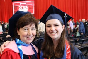 Karen Culbertson and her daughter Larissa Culbertson pose for a photo at Shenandoah University's 2024 Commencement.