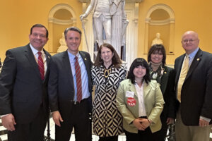 Del. William D. (Bill) Wiley, Rep. Ben Cline, Shenandoah University President Tracy Fitzsimmons, Shenandoah University student Valeria Perero Santa Cruz, Del. Delores Oates, and Del. Howard Otto Wachsmann, Jr.