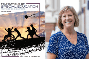 Melissa Hartman's headshot next to the cover of her book, which shows children running in front of a sunset