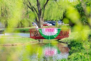 A bridge in Sarah's Glen with Apple Blossom bunting.