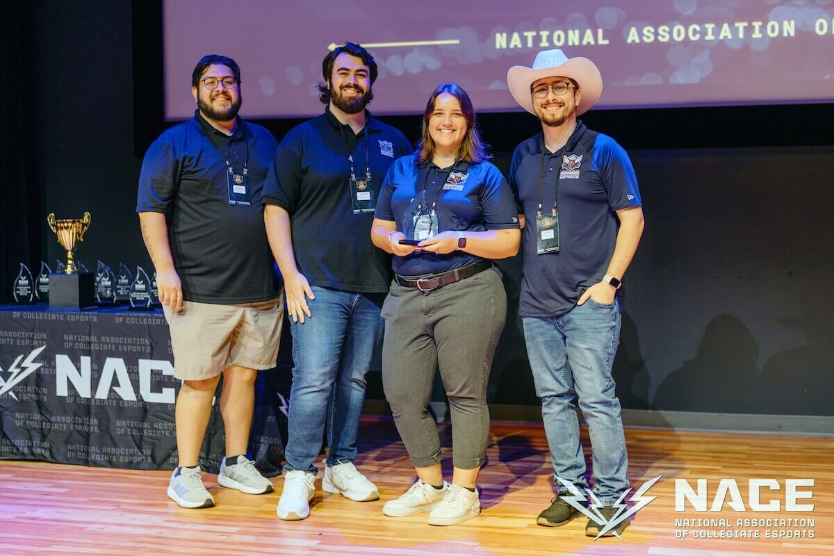 Shenandoah Esports' Fernando Preciado-Leal, Ian Burnett, Alyssa Duran and Chase Neukam at the NACE Awards ceremony.