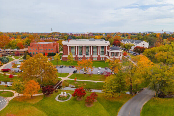 Aerial photograph of Pruitt Health & Life Sciences Building in the fall.