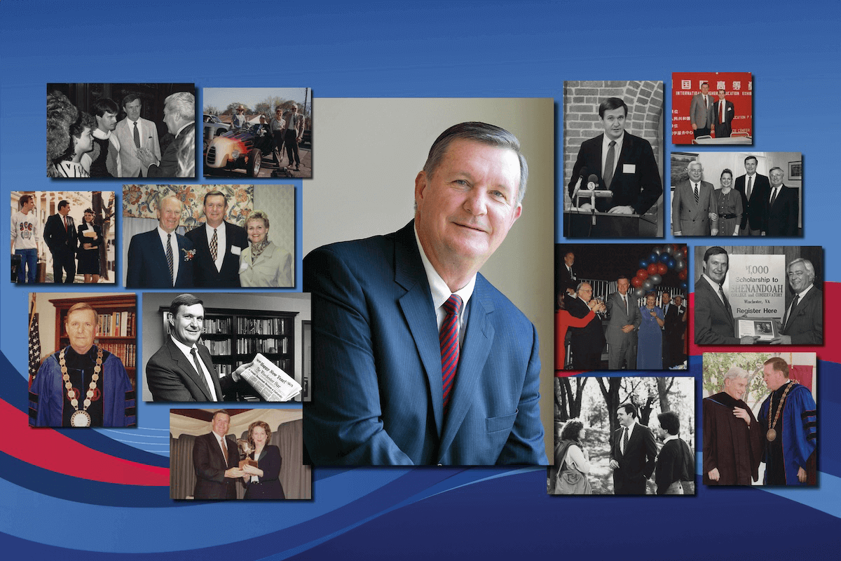 Photo collage of historical images of Shenandoah University President Emeritus Jim Davis.