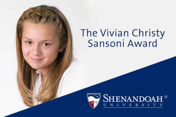 Photograph of Vivian Sansoni alongside the text "The Vivian Christy Sansoni Award" and the Shenandoah University logo.