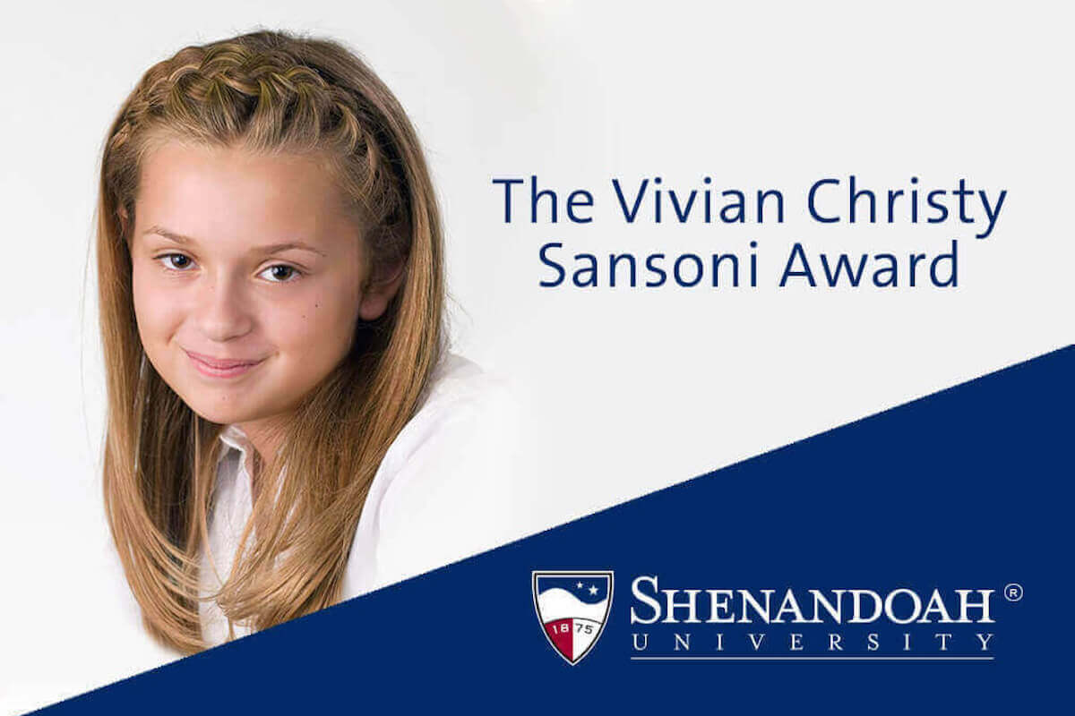 Photograph of Vivian Sansoni alongside the text "The Vivian Christy Sansoni Award" and the Shenandoah University logo.