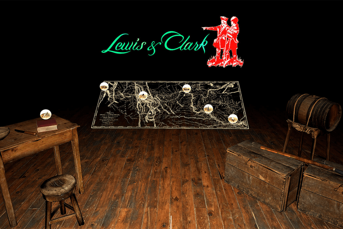 Gameplay screenshot of Lewis & Clark VR showing a map and tables