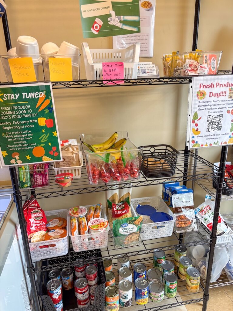 Buzzy's Food Pantry stocked with shelf-stable food items.