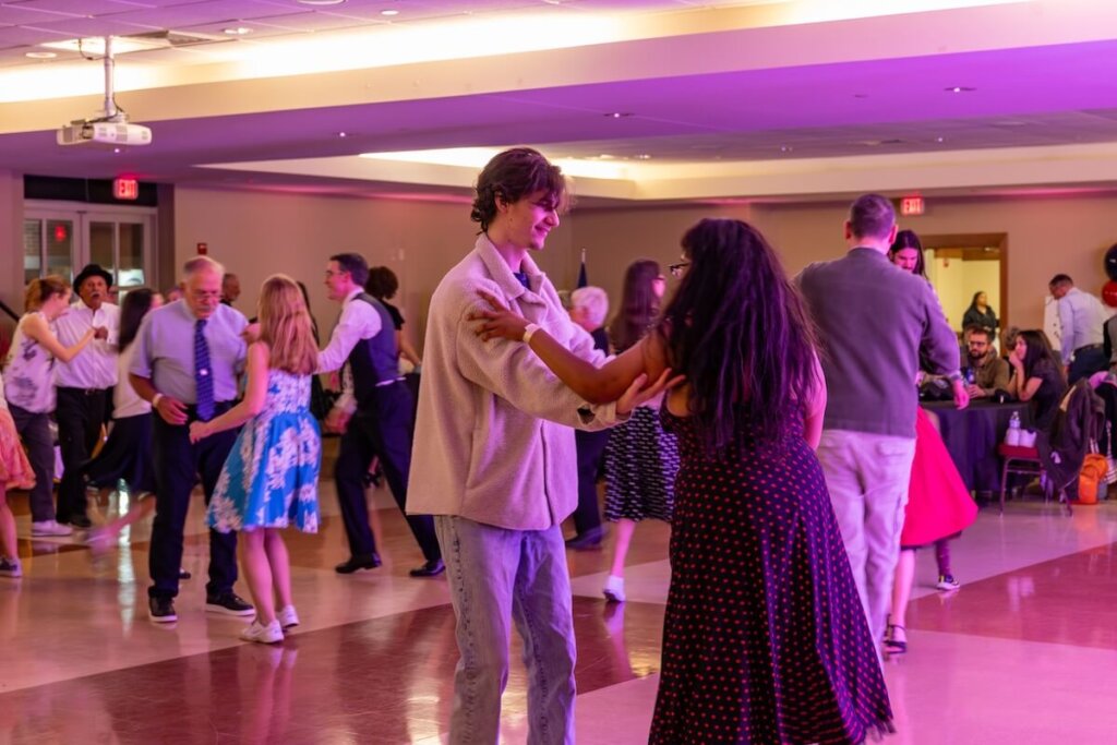 Dancers fill a room at a Winchester Swing Dance event at Shenandoah University. 