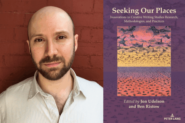 A headshot of Jon Udelson with the book cover for "Seeking Our Places"