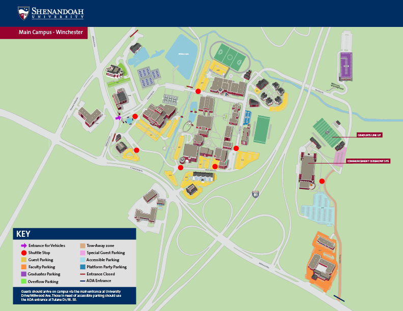Parking map for 2026 Shenandoah University Commencement. 