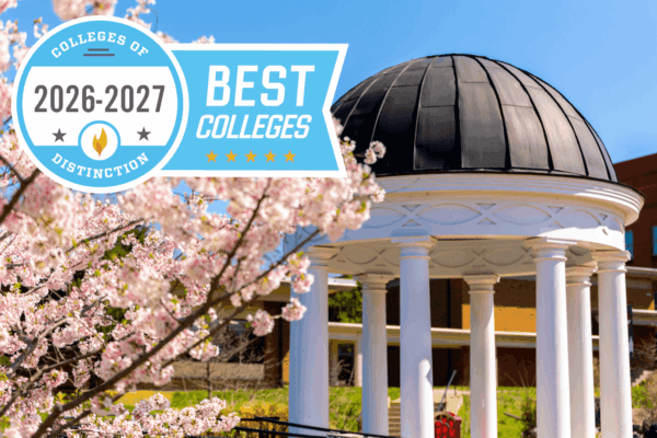A springtime image of Sarah's Glen with the 2026-27 Colleges of Distinction ribbon.