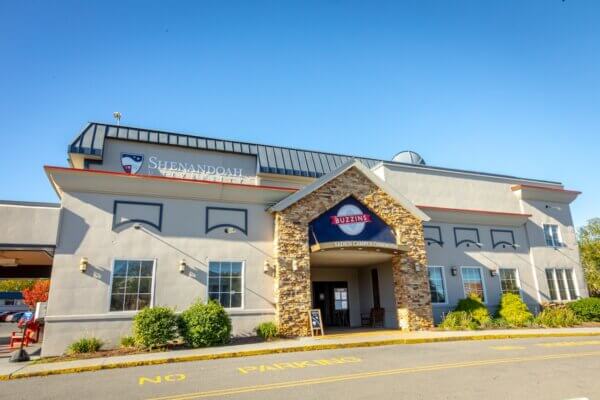 Exterior photograph of the "Buzzins" dining location at Shenandoah University.