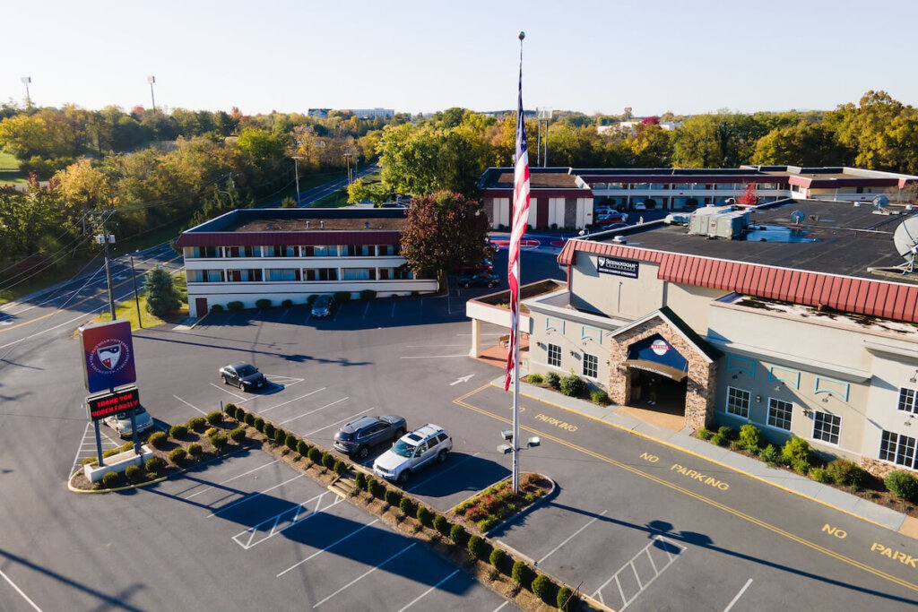 Aerial view of the Buzzins dining facility and parking lot.