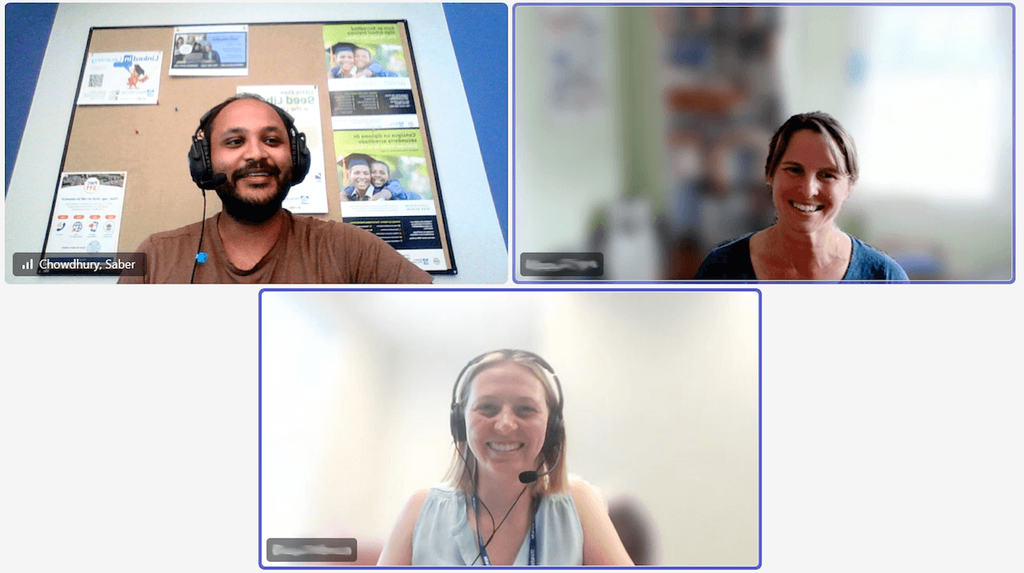 A Shenandoah student on a video call with two other individuals.