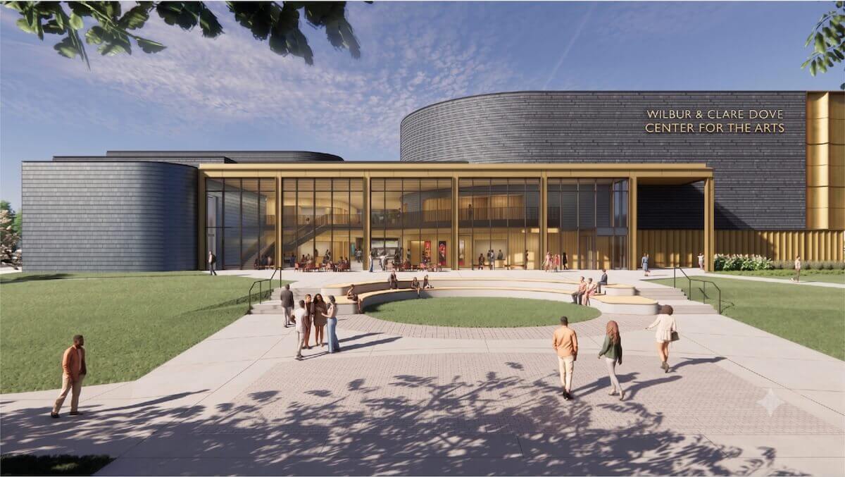 A rendering of the exterior of the Dove Center for the Arts.