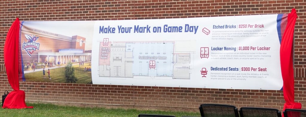 A banner featuring the rendering and construction drawing of the Wilkins Athletics and Events Center expansion.